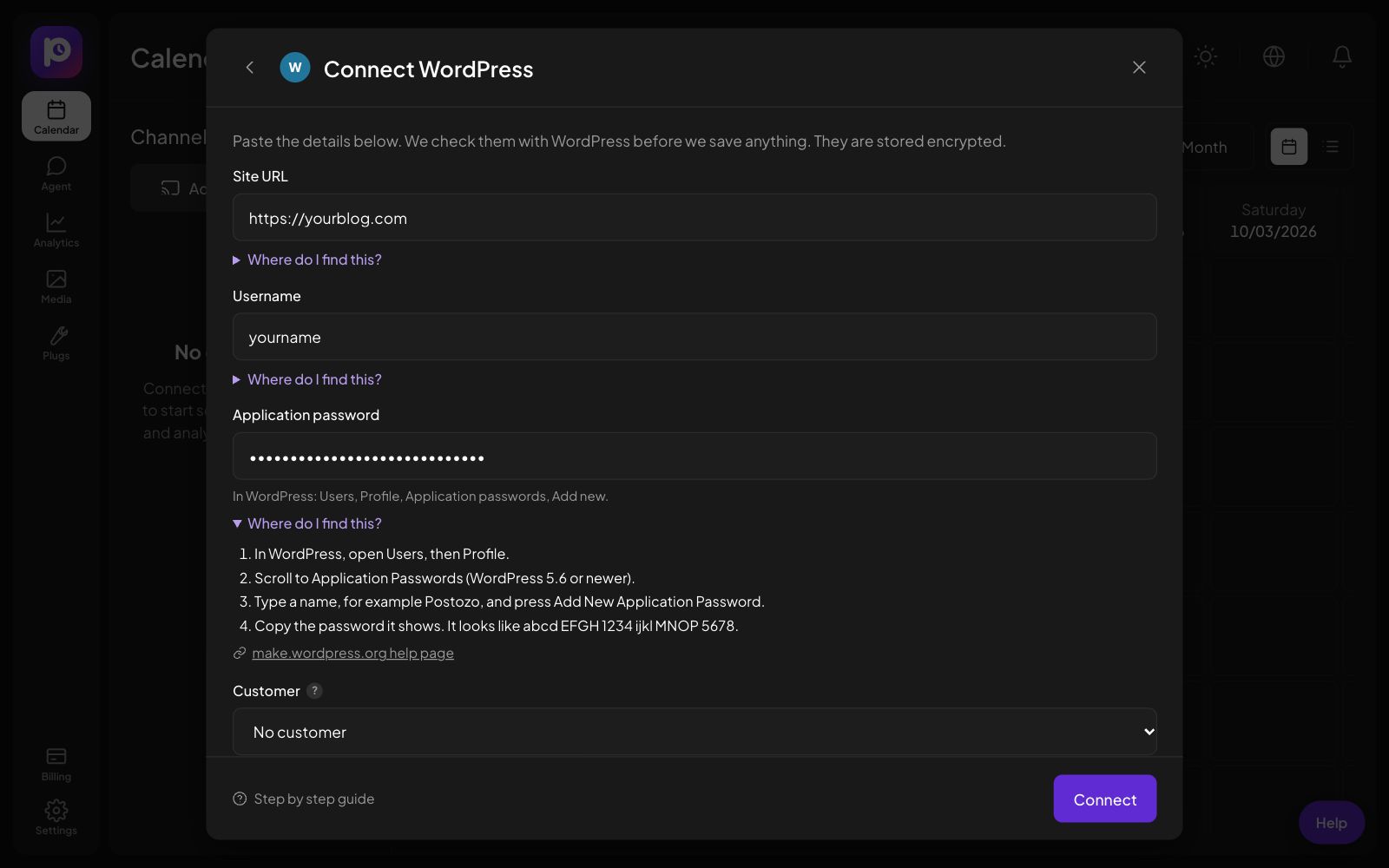 The Connect WordPress form in Postozo with the help steps open