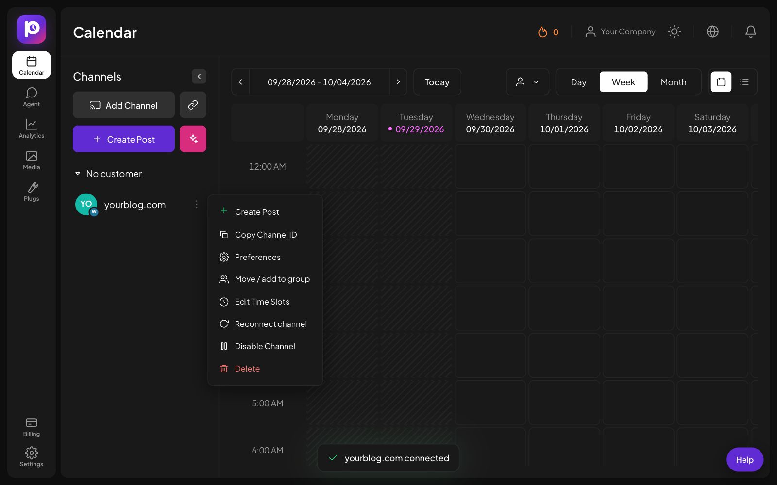 The channel menu for a WordPress channel in Postozo