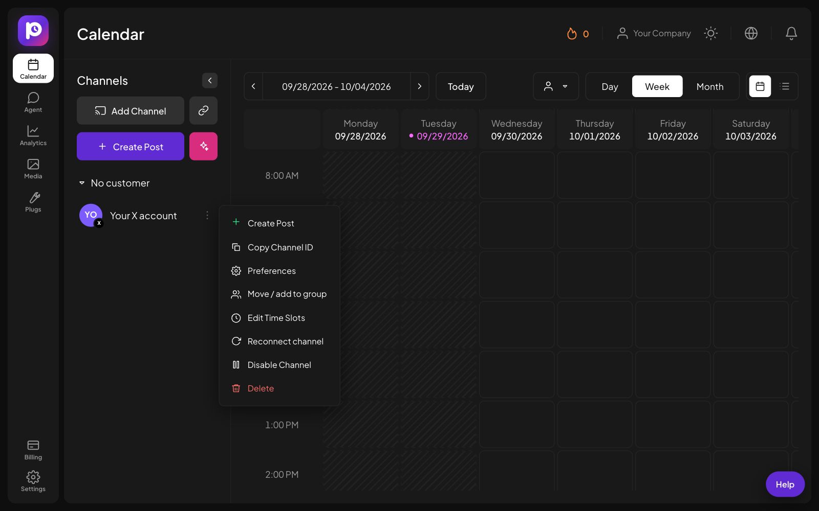 The channel menu for a X channel in Postozo