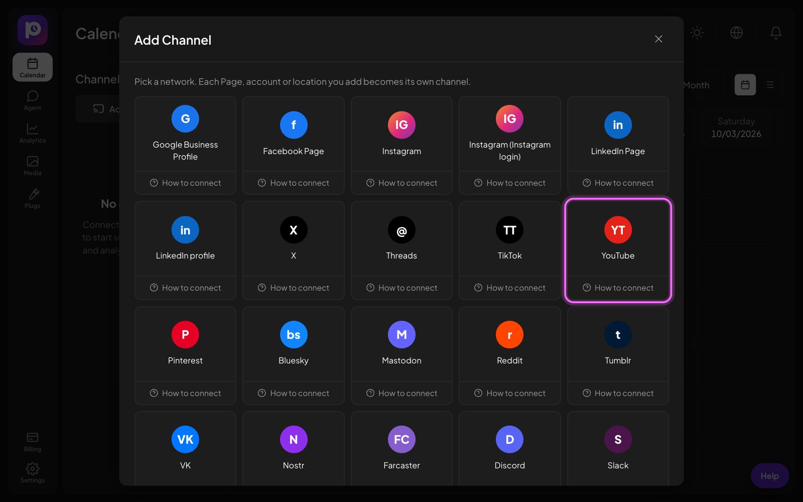 The Postozo Add Channel window with the YouTube tile marked