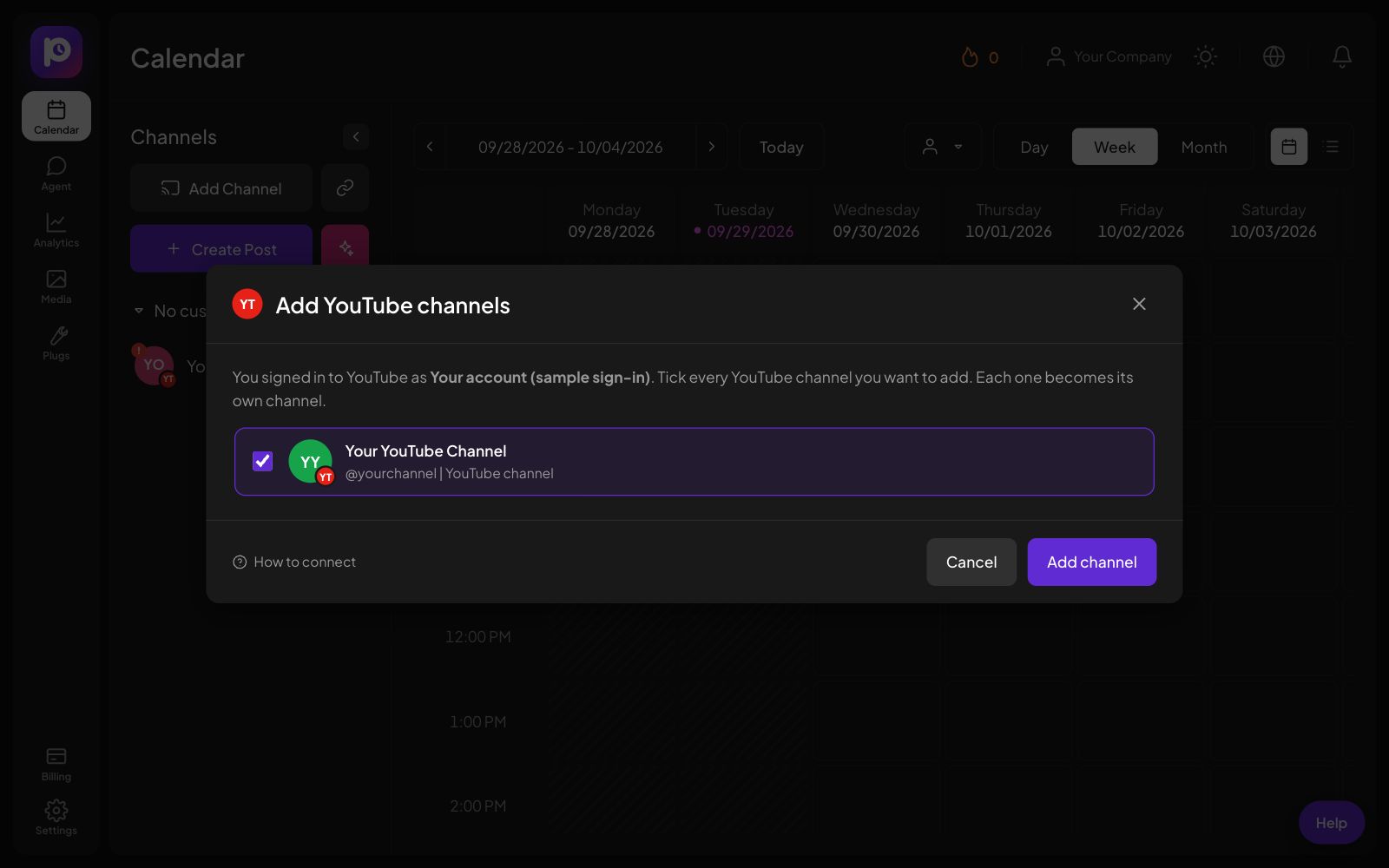 The Postozo list of YouTube channels after signing in to YouTube, with some ticked