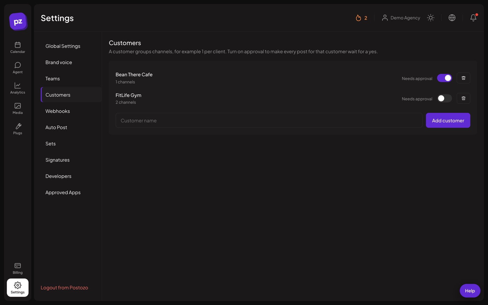 Customer settings in Postozo with the social media approval workflow turned on for 1 client