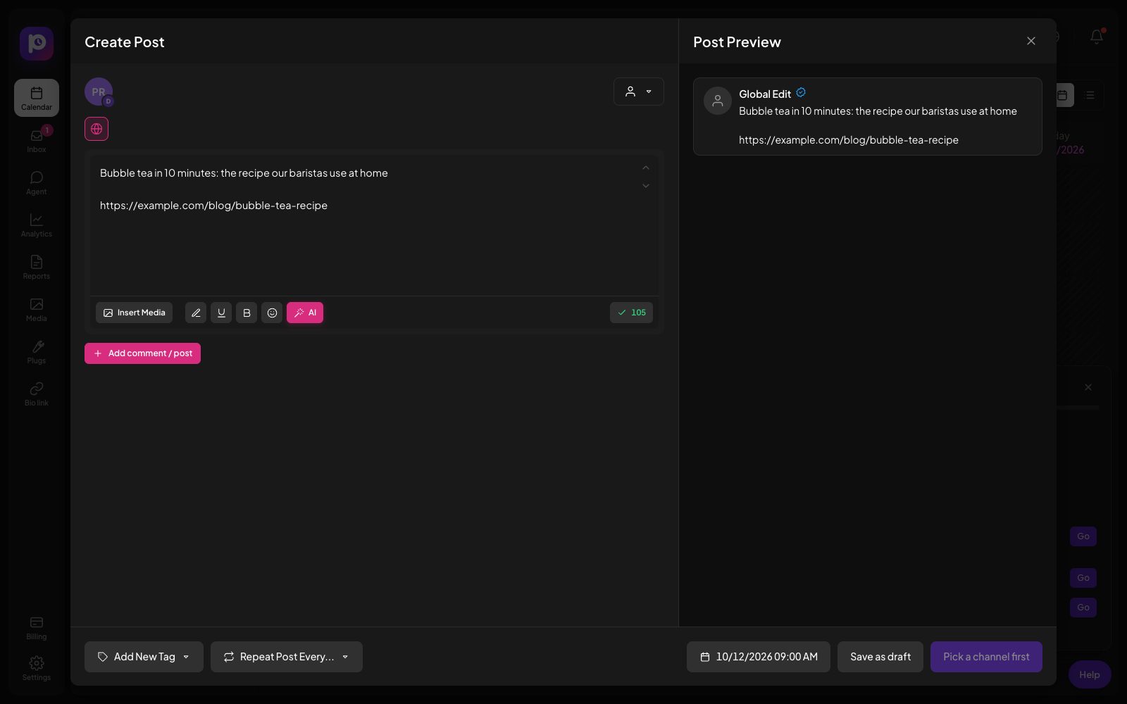 The Postozo post editor opened from the browser extension with a shared article