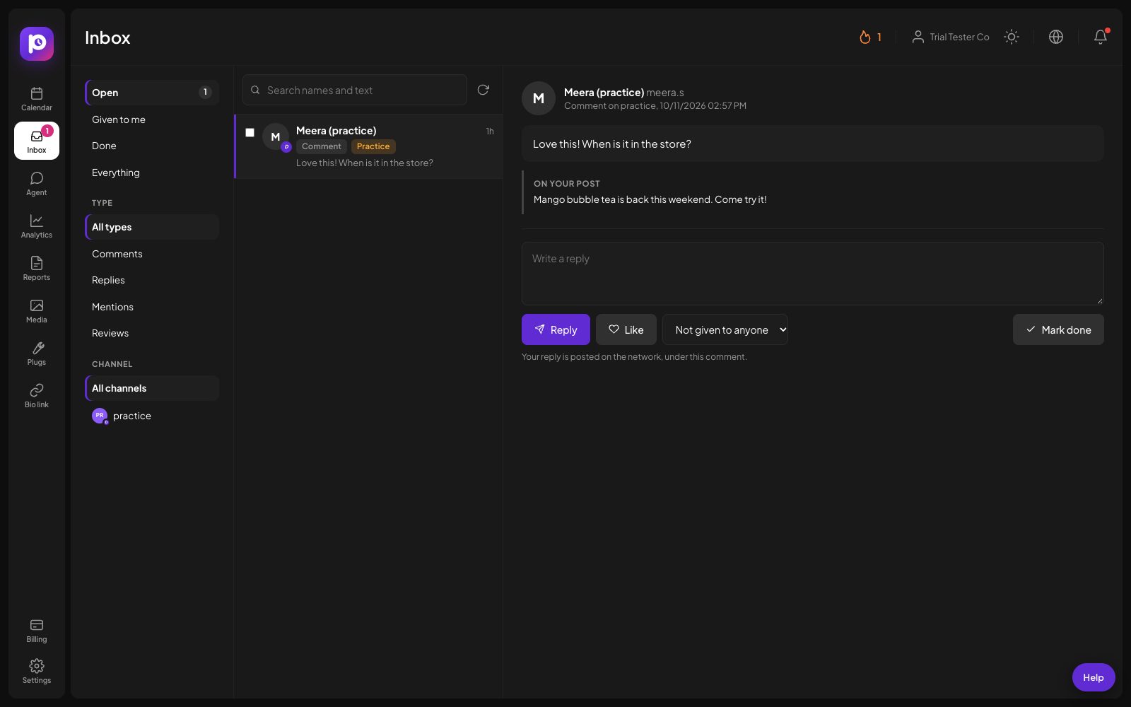 The Postozo social inbox with a list of comments, the post each one is on and a reply box