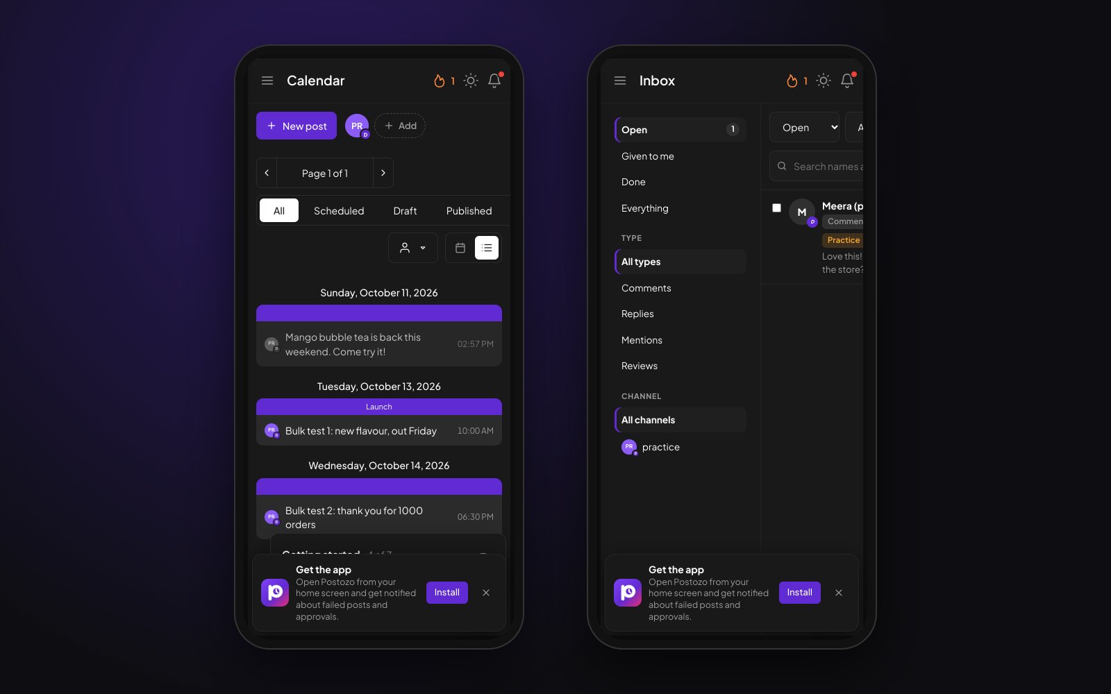 The Postozo calendar on a phone with the New post button and the channel strip