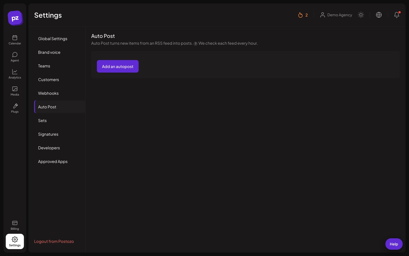 RSS to social media auto post settings in Postozo